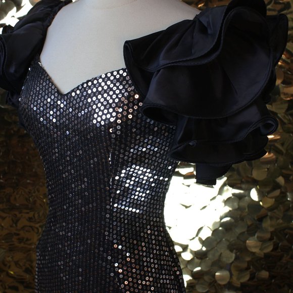 Black Silver Sequin Nadine Ruffle Sleeve Ballgown - Picture 3 of 10